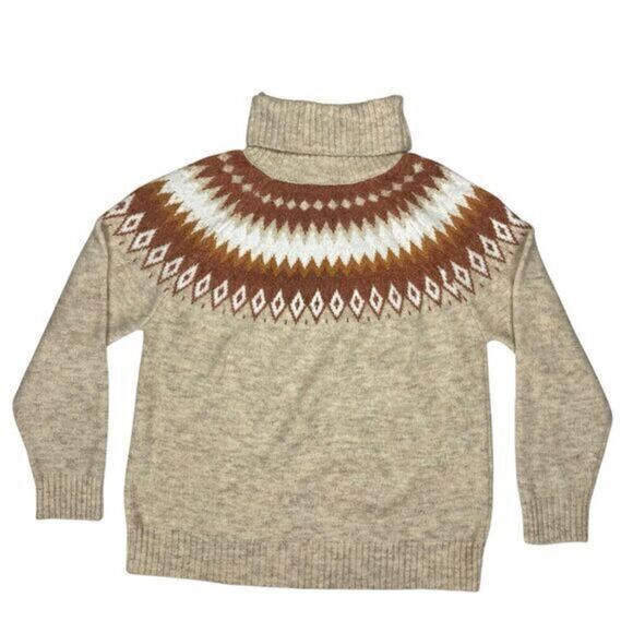 ASPEN Wool Blend Fair Isle Turtleneck Sweater Women XL Brown Ski Winter Pullover - Picture 5 of 12